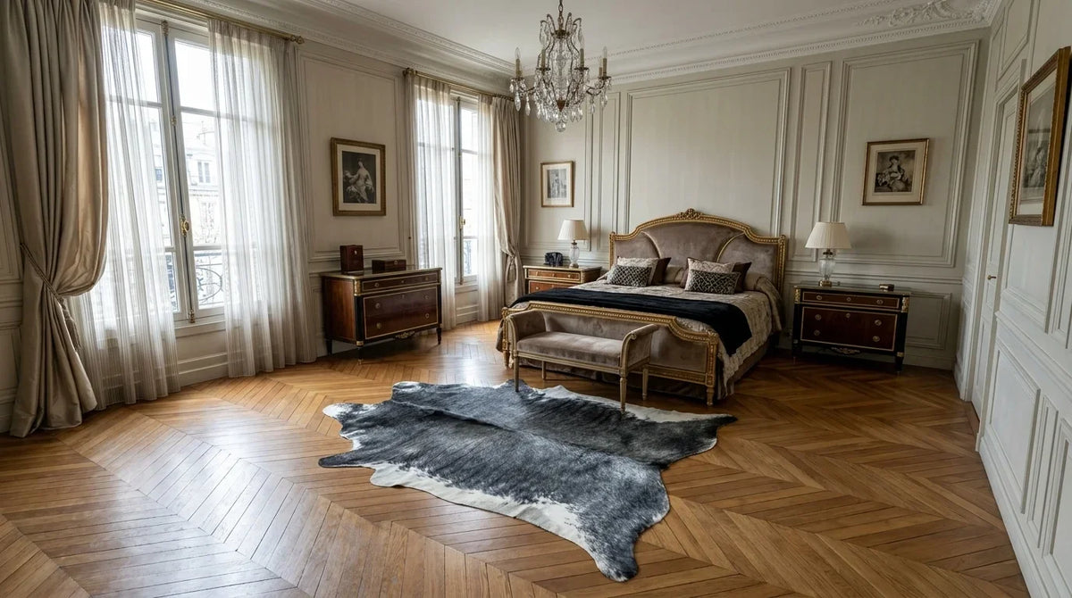 Black and White cowhide rug beside bed in parisian artdeco bedroom