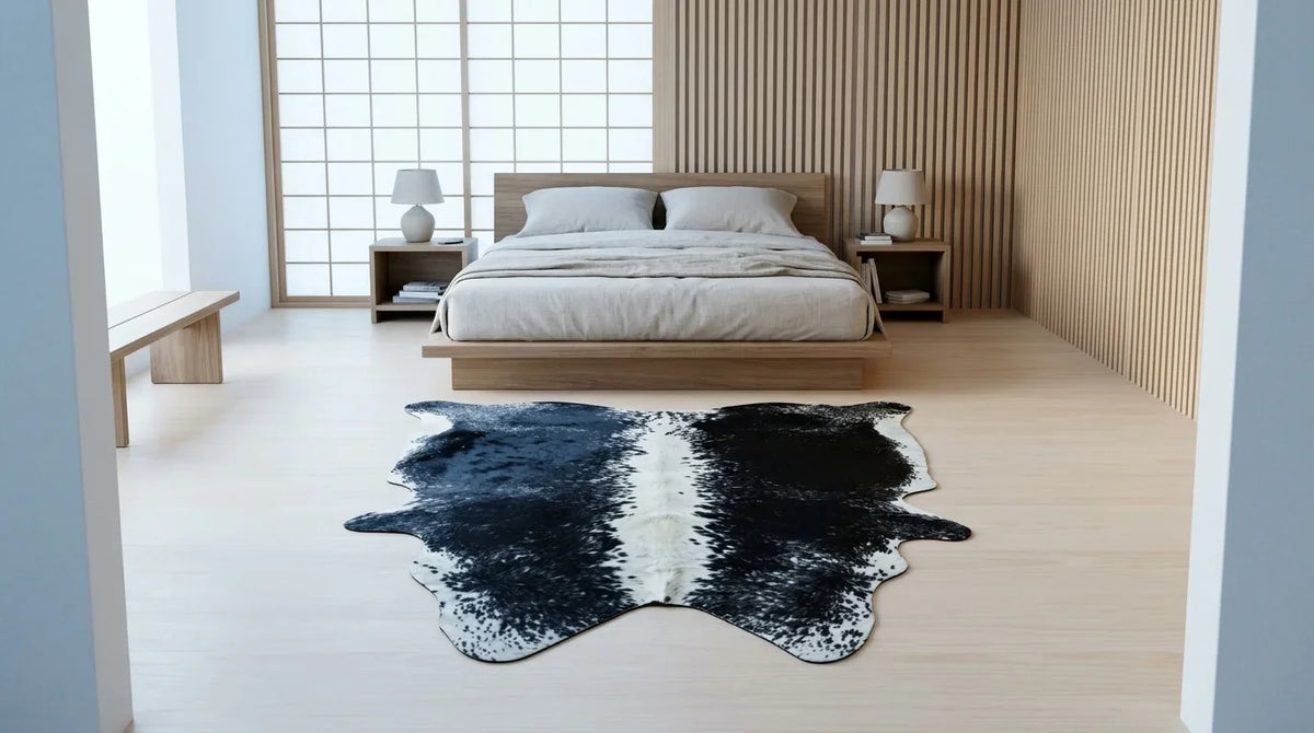 Black and White cowhide rug beside bed in tokyo minimal bedroom