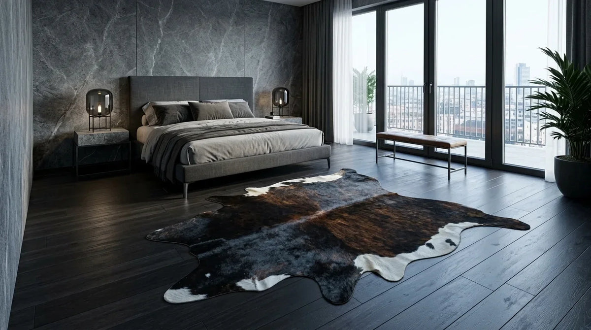 Black and White cowhide rug beside bed in milano penthouse bedroom