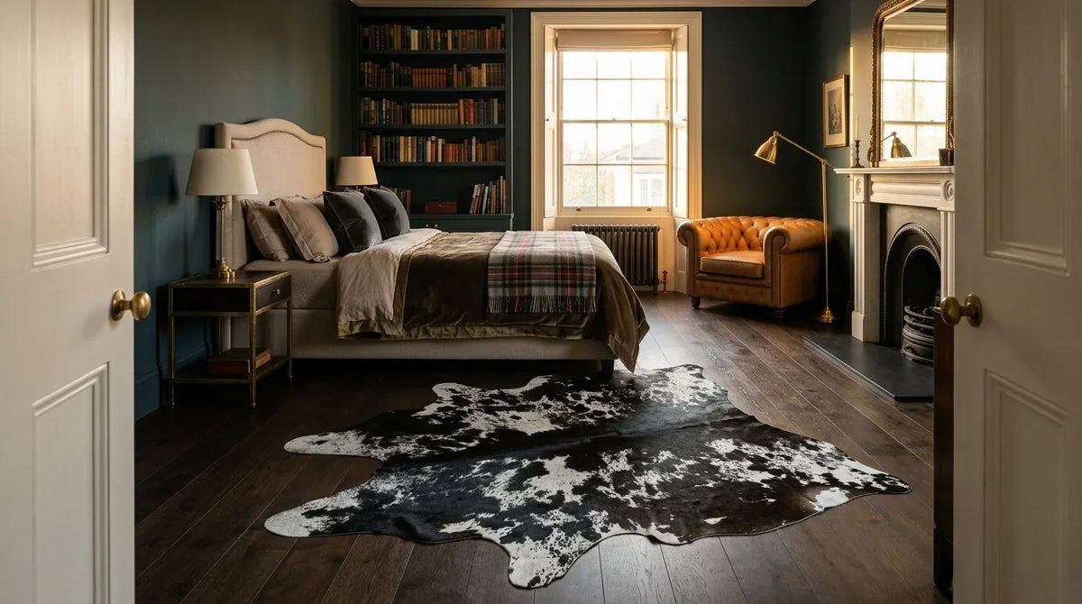 Black and White cowhide rug beside bed in london townhouse bedroom