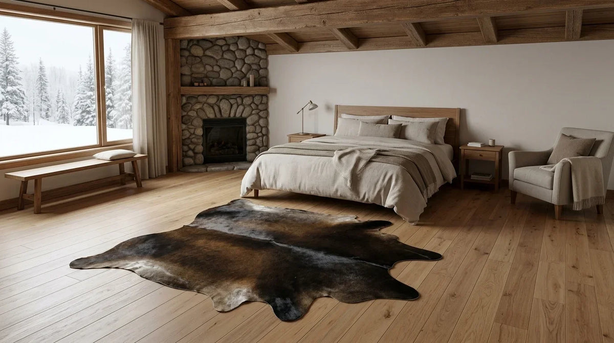 Black and White cowhide rug beside bed in modern chalet bedroom