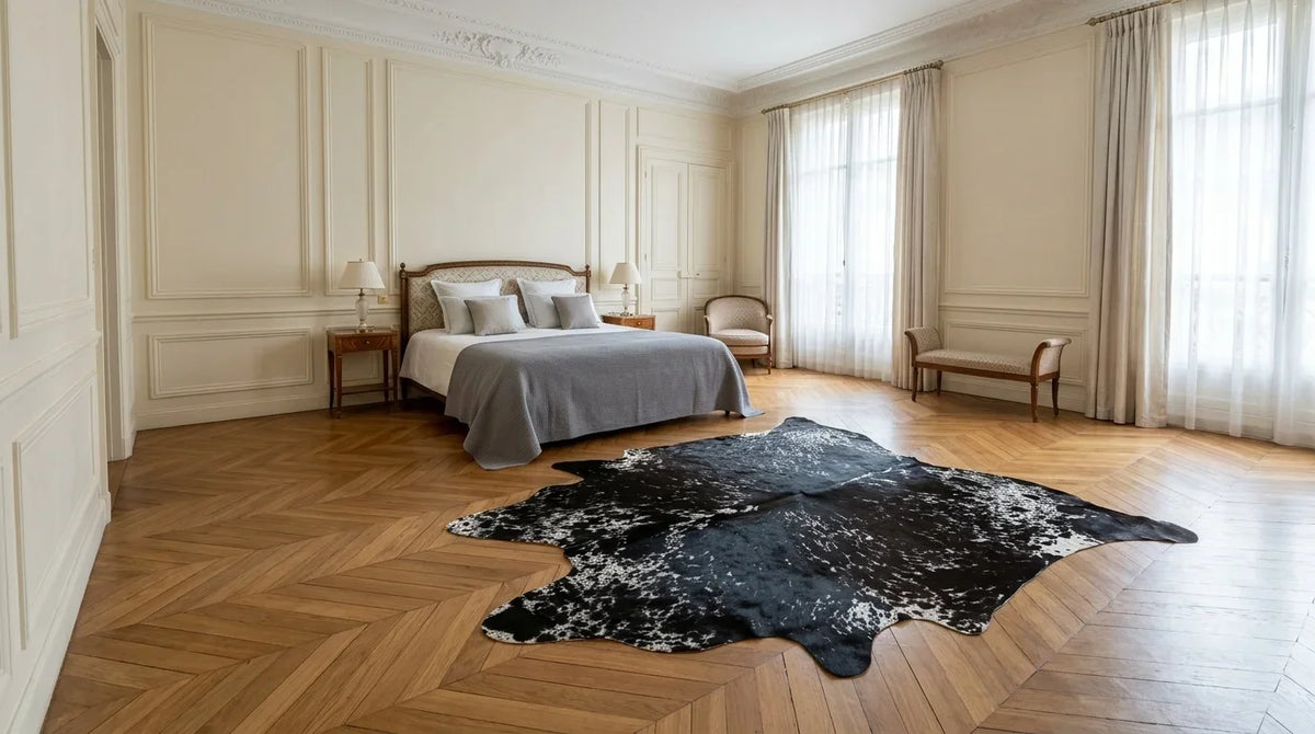 Kuhfell in Grau mit Salt-and-Pepper-Muster im Schlafzimmer im Pariser Art-déco-Stil