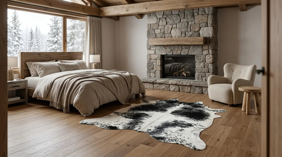 Black and White cowhide rug beside bed in modern chalet bedroom