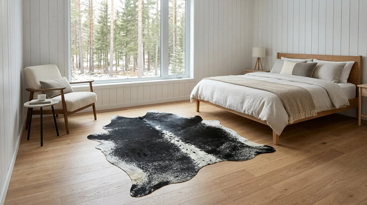 Black and White cowhide rug beside bed in scandinavian cabin bedroom