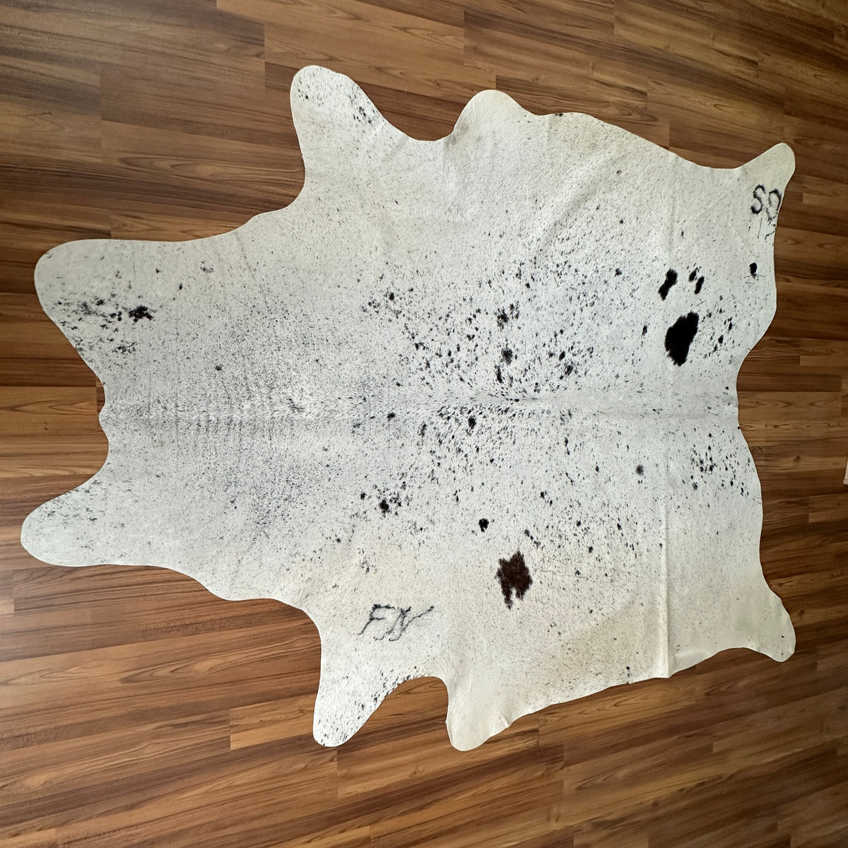 Black and White cowhide rug, full overhead view — Large irregular dark brown and black patches scattered across cream and whi