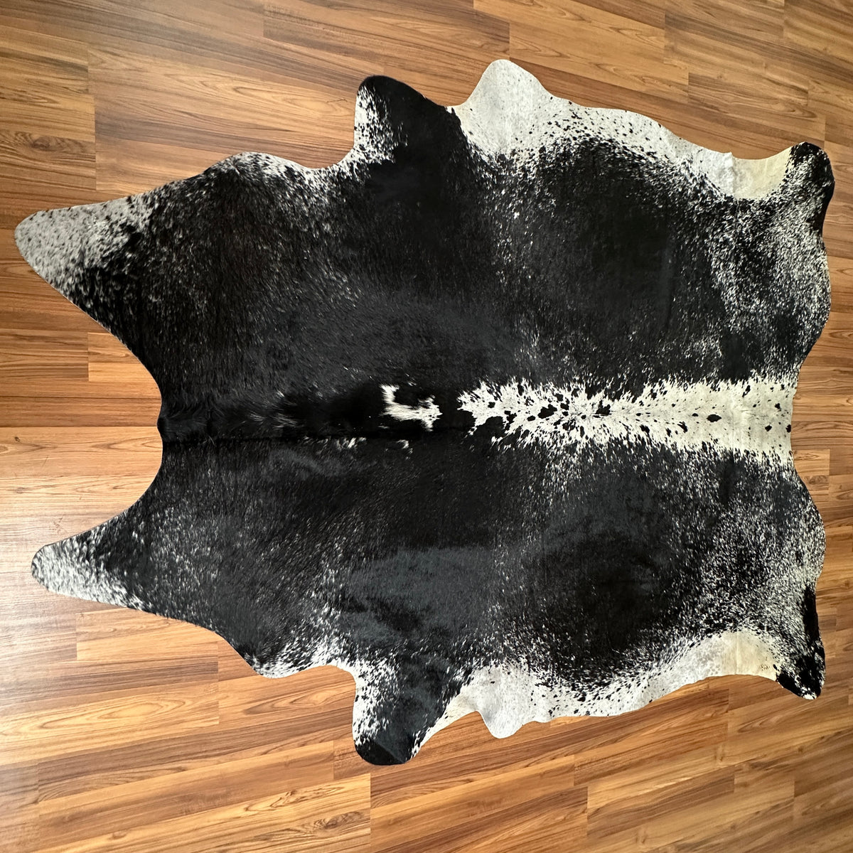 Black and White cowhide rug, full overhead view