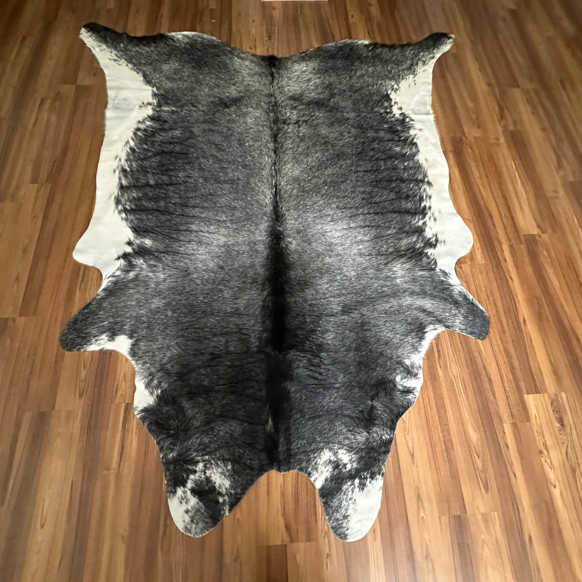 Black and White cowhide rug, full overhead view