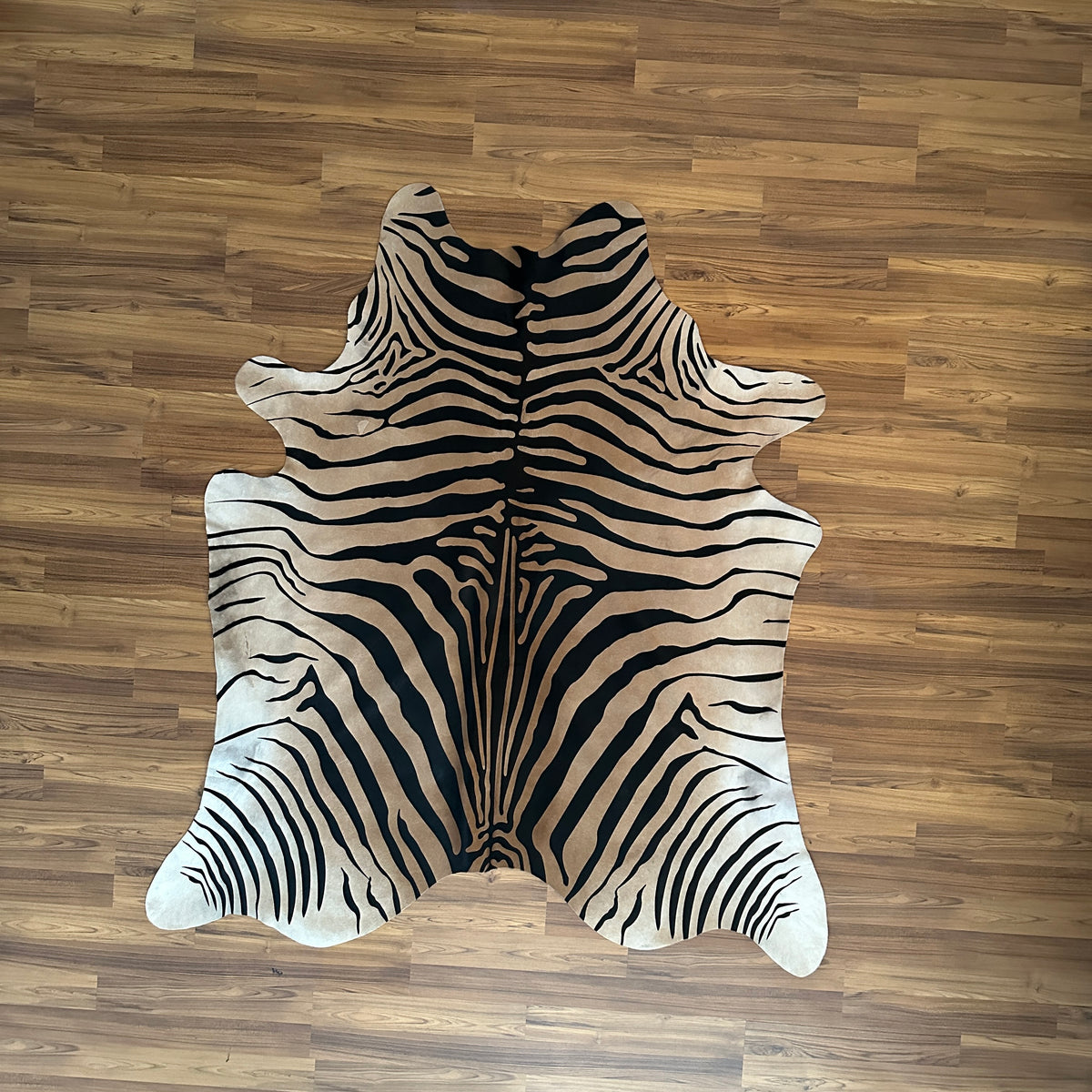 Black and White zebra print cowhide rug, full overhead view — Bold black stripes radiating from center over white base