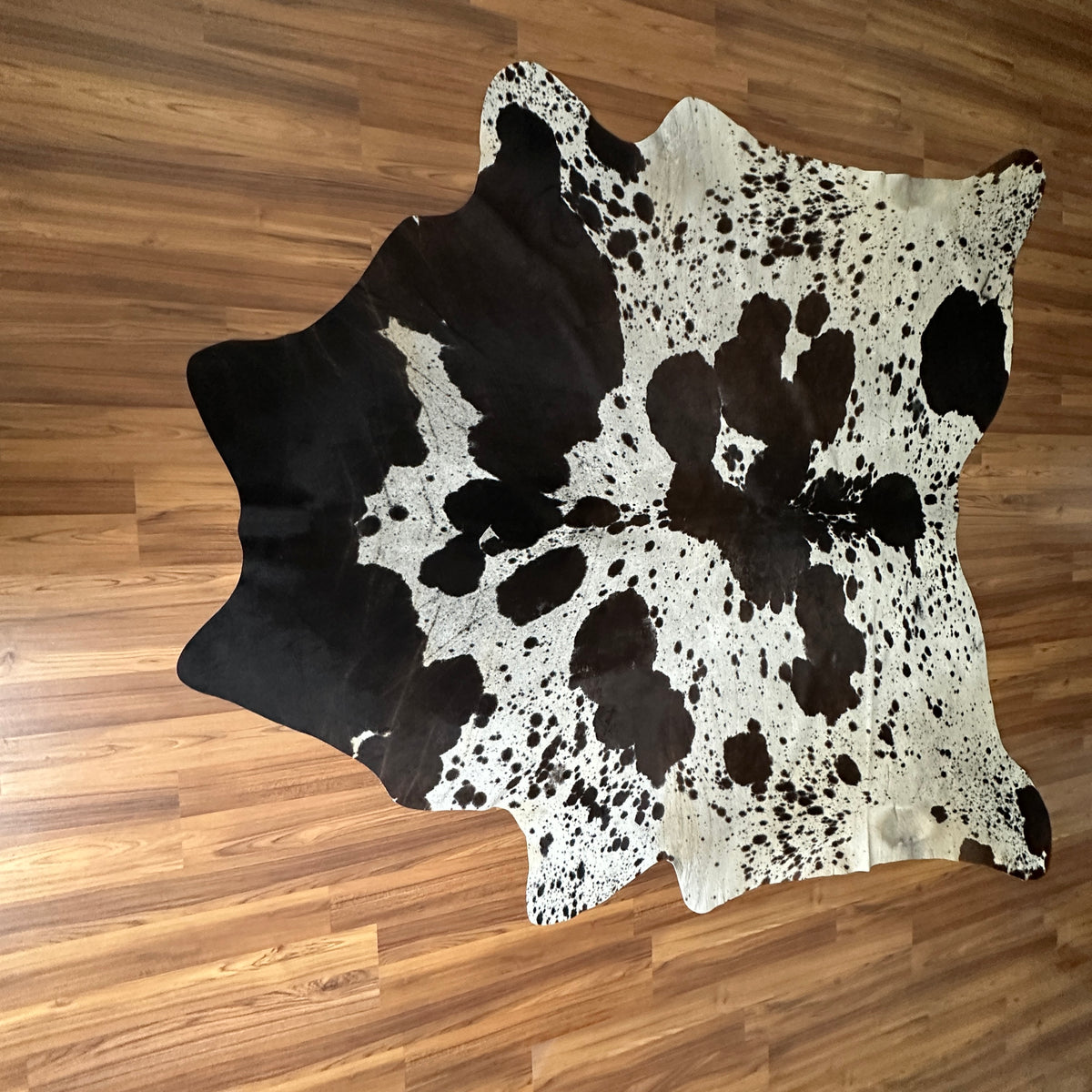 Black and White cowhide rug, full overhead view