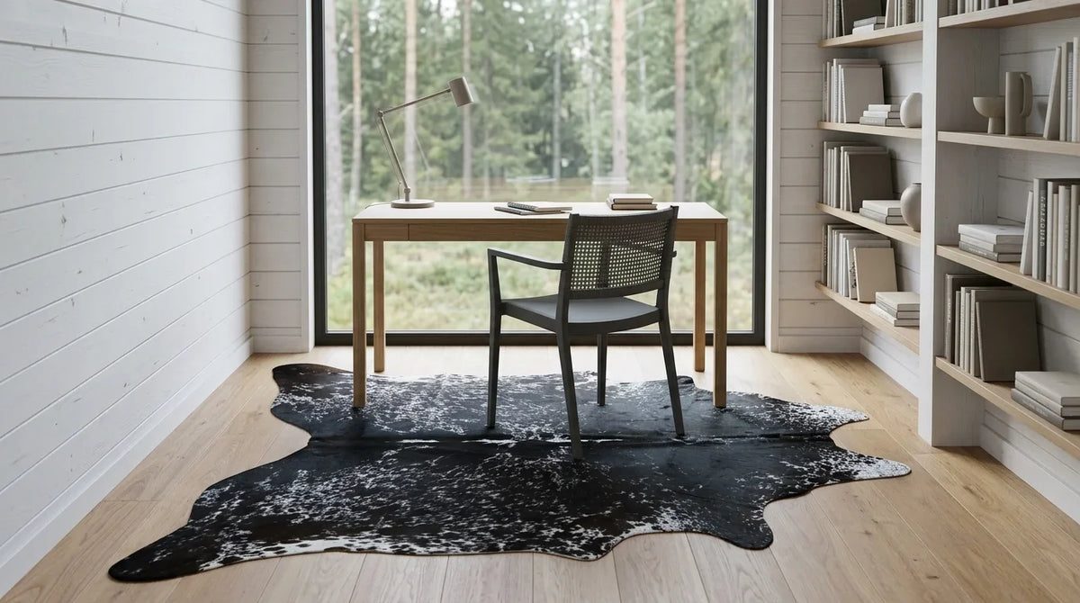 Black and White cowhide rug under desk in Scandinavian Cabin home office