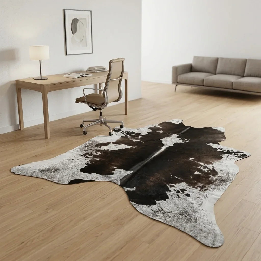 Kuhfell in Schwarz-Weiß im Arbeitszimmer im zeitgenössischen europäischen Stil