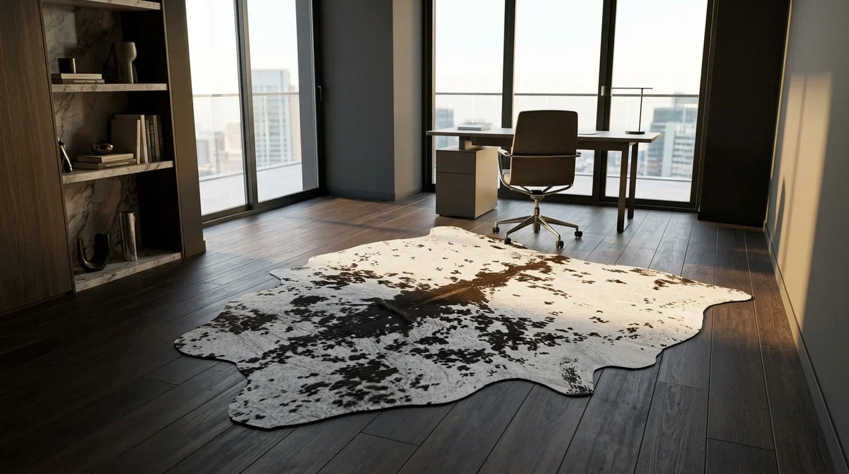 Black and White cowhide rug under desk in milano penthouse home office