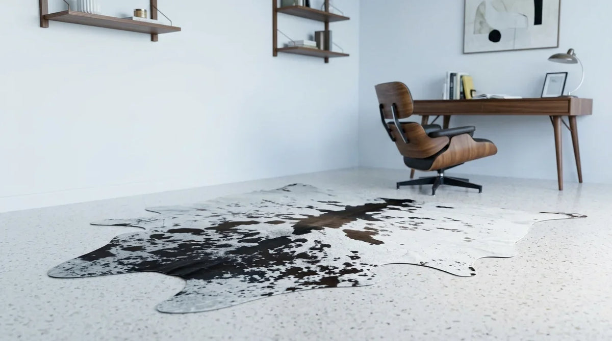 Black and White cowhide rug under desk in Midcentury Modern home office