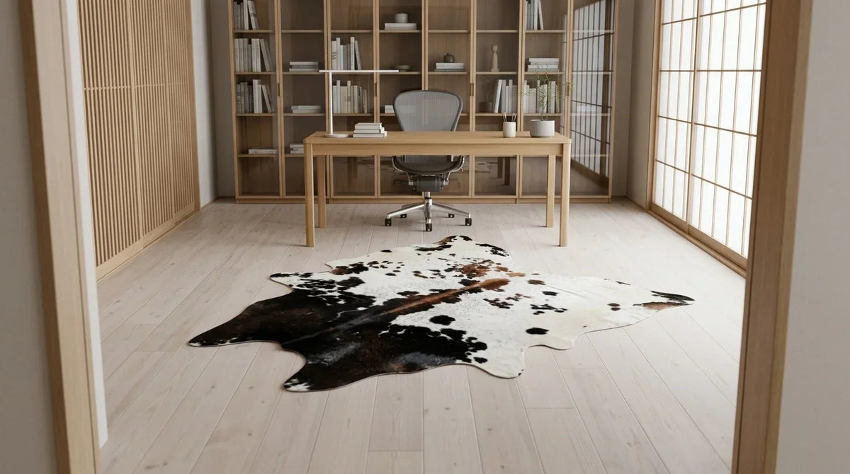 Black and White cowhide rug under desk in tokyo minimal home office