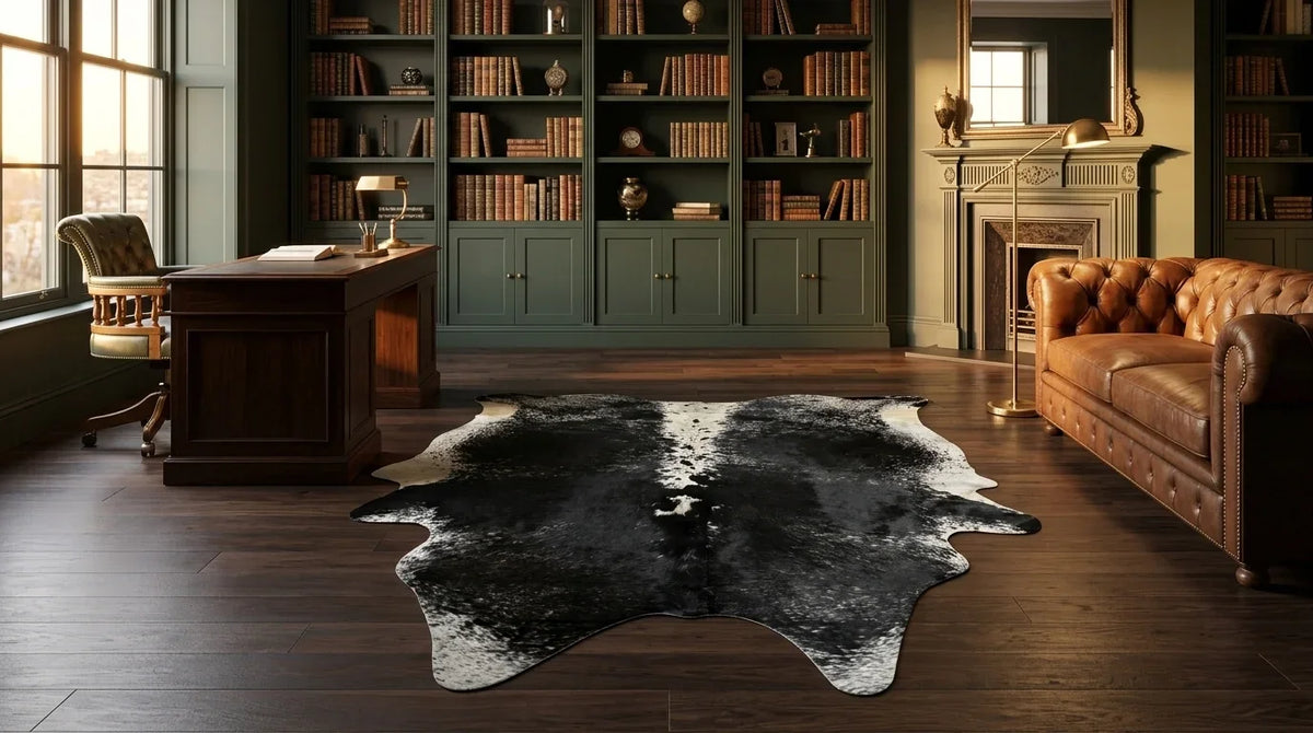 Black and White cowhide rug under desk in London Townhouse home office