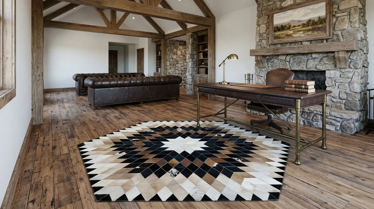 Teksas çiftliği tarzı çalışma odasında siyah beyaz patchwork halı