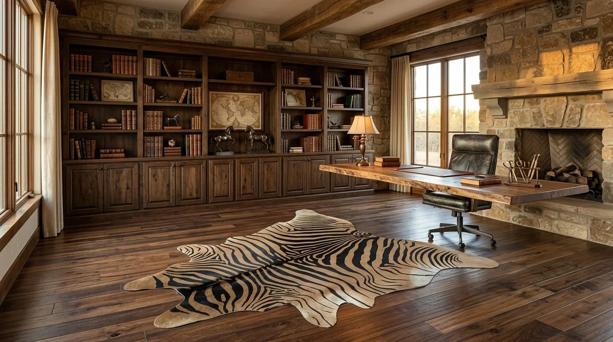 Black and White cowhide rug under desk in texas ranch home office