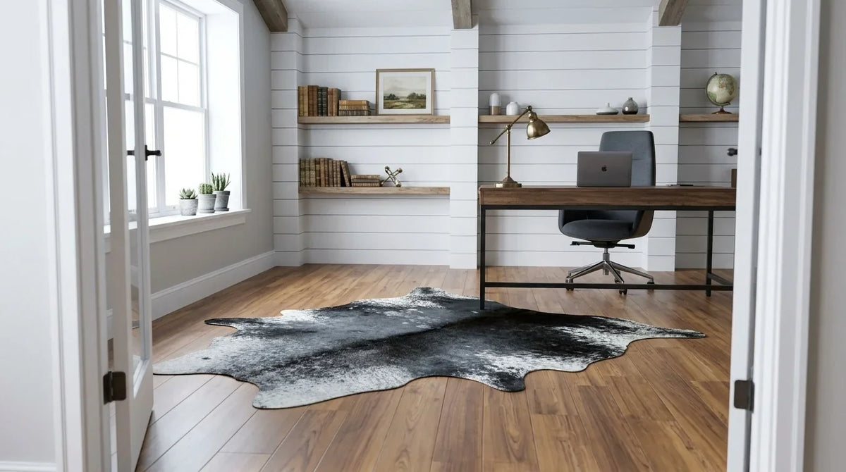 Black and White cowhide rug under desk in modern farmhouse home office