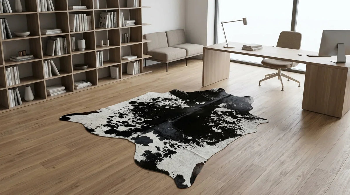 Black and White cowhide rug under desk in contemporary european home office