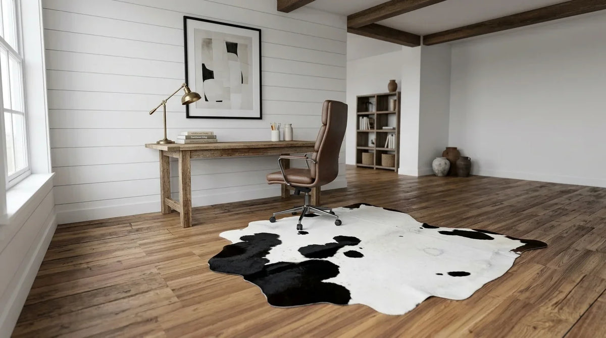 Black and White cowhide rug under desk in modern farmhouse home office