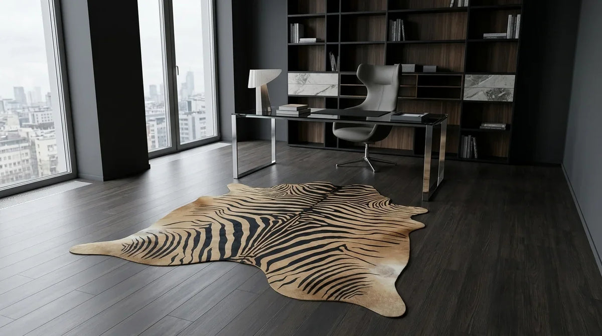 Black and White cowhide rug under desk in milano penthouse home office