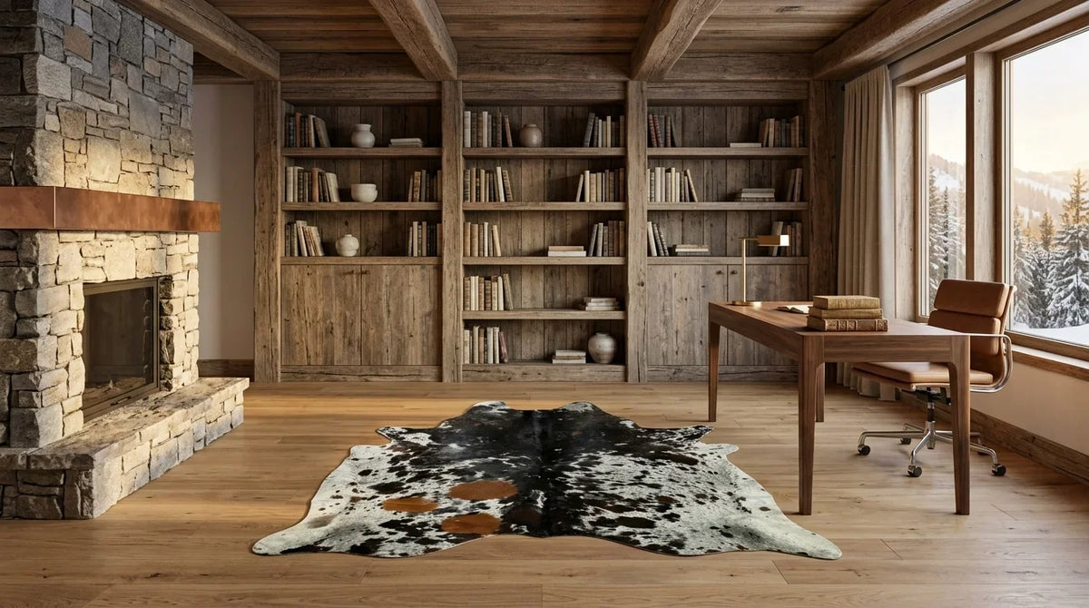 Kuhfell in Schwarz-Weiß im Arbeitszimmer im alpinen Chalet-Stil