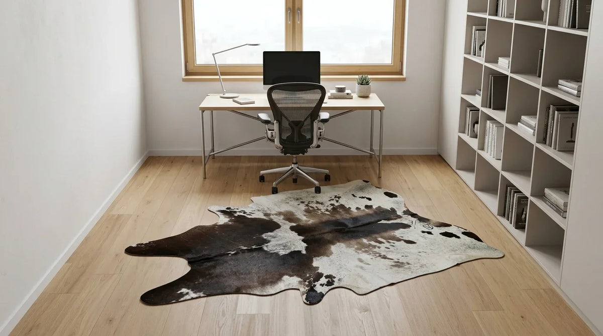 Black and White cowhide rug under desk in contemporary european home office