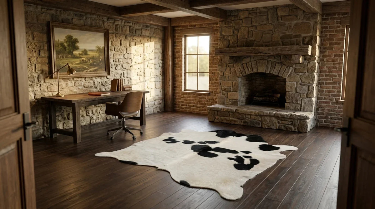 Black and White cowhide rug under desk in texas ranch home office