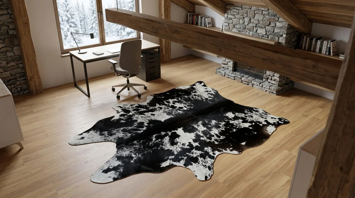 Black and White cowhide rug under desk in Modern Chalet home office