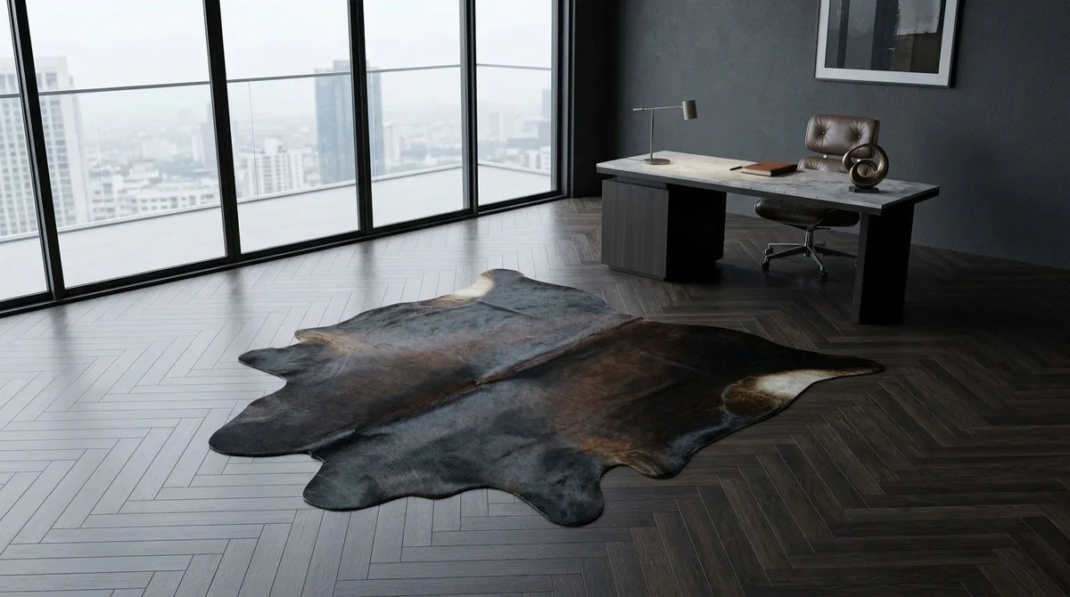 Black and White cowhide rug under desk in milano penthouse home office