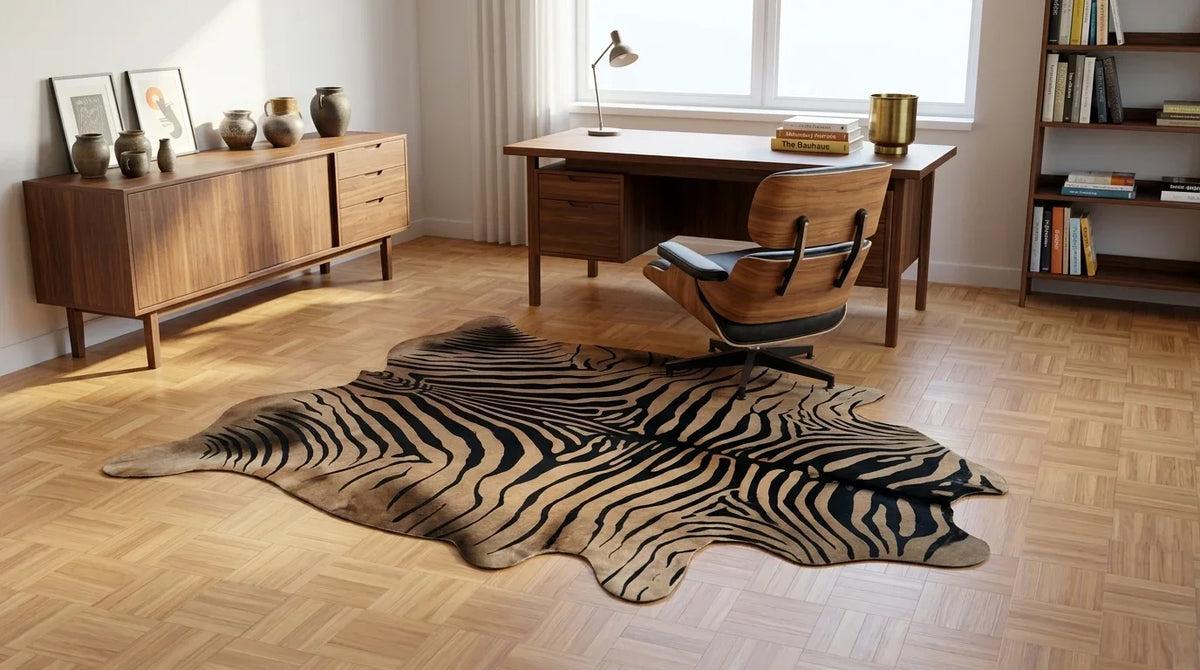 Black and White cowhide rug under desk in midcentury modern home office