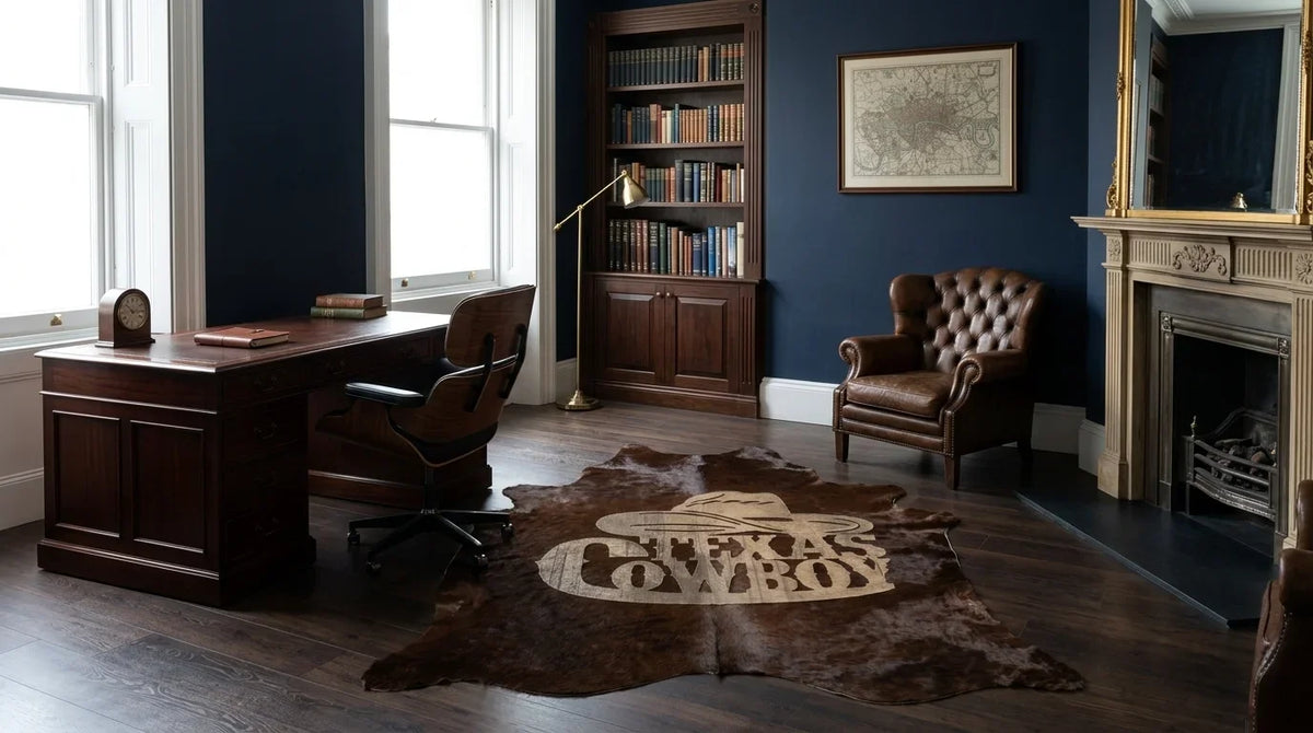 Black and White cowhide rug under desk in london townhouse home office