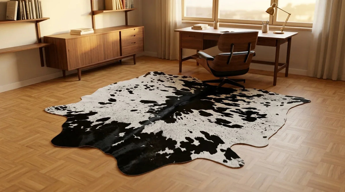 Kuhfell in Schwarz-Weiß im Arbeitszimmer im Mid-Century-Stil