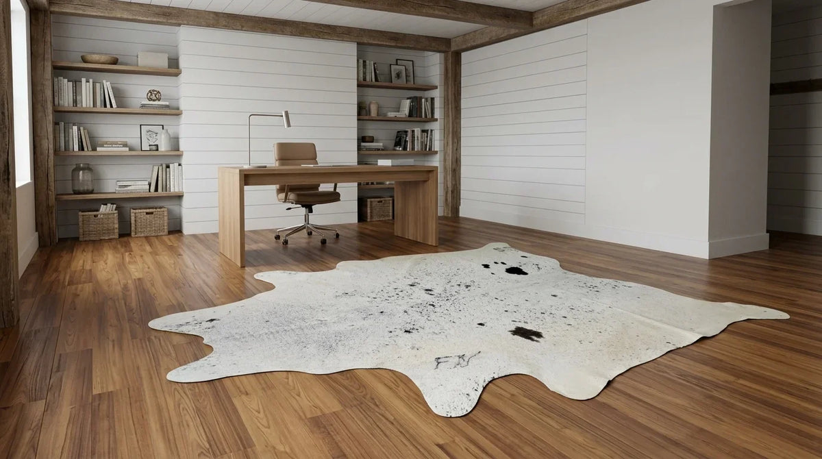 Black and White cowhide rug under desk in modern farmhouse home office
