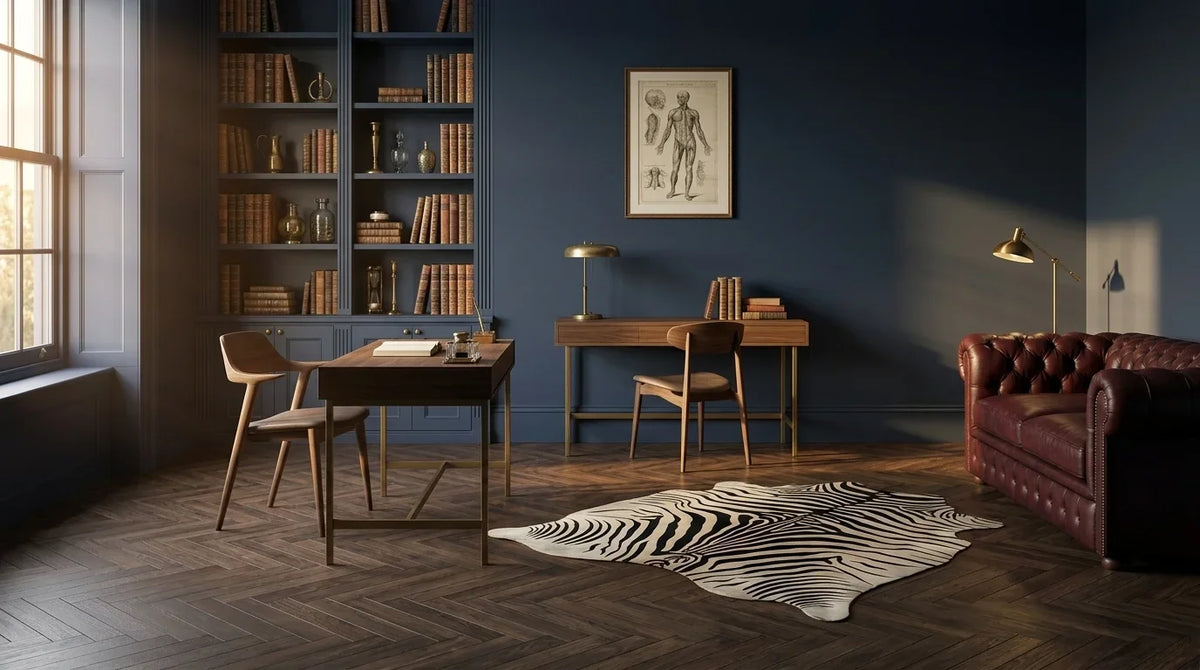 Black and White cowhide rug under desk in london townhouse home office