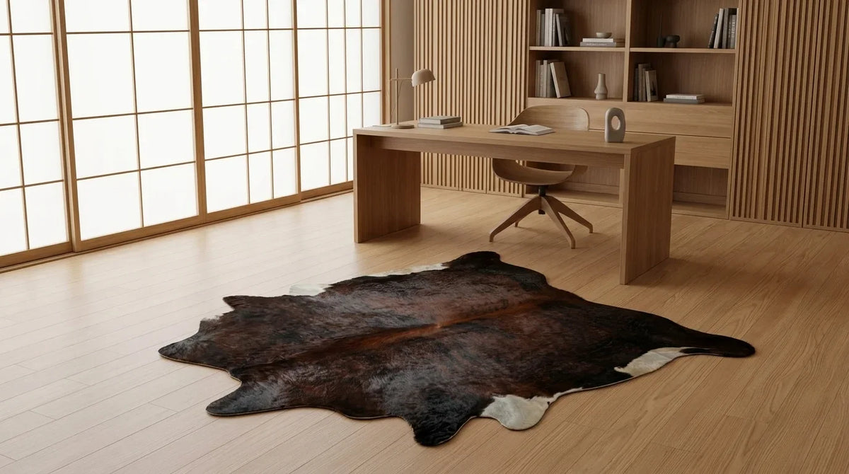 Black and White cowhide rug under desk in tokyo minimal home office