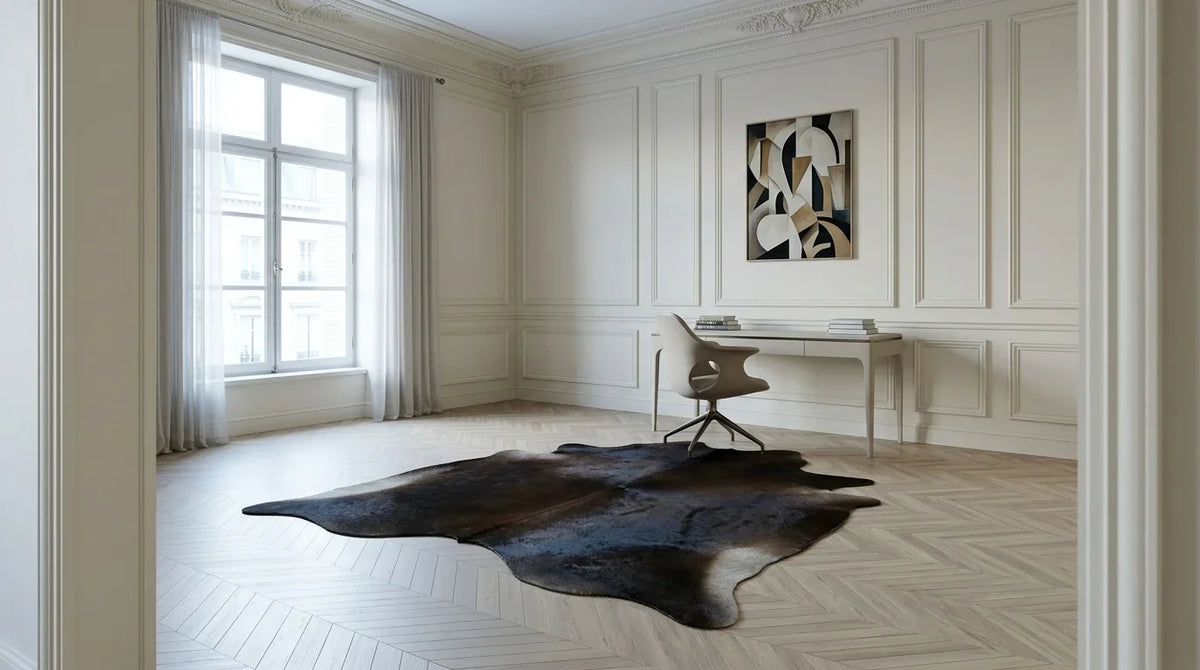 Black and White cowhide rug under desk in parisian artdeco home office