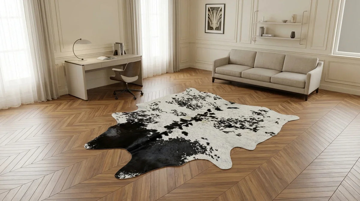 Black and White cowhide rug under desk in parisian artdeco home office