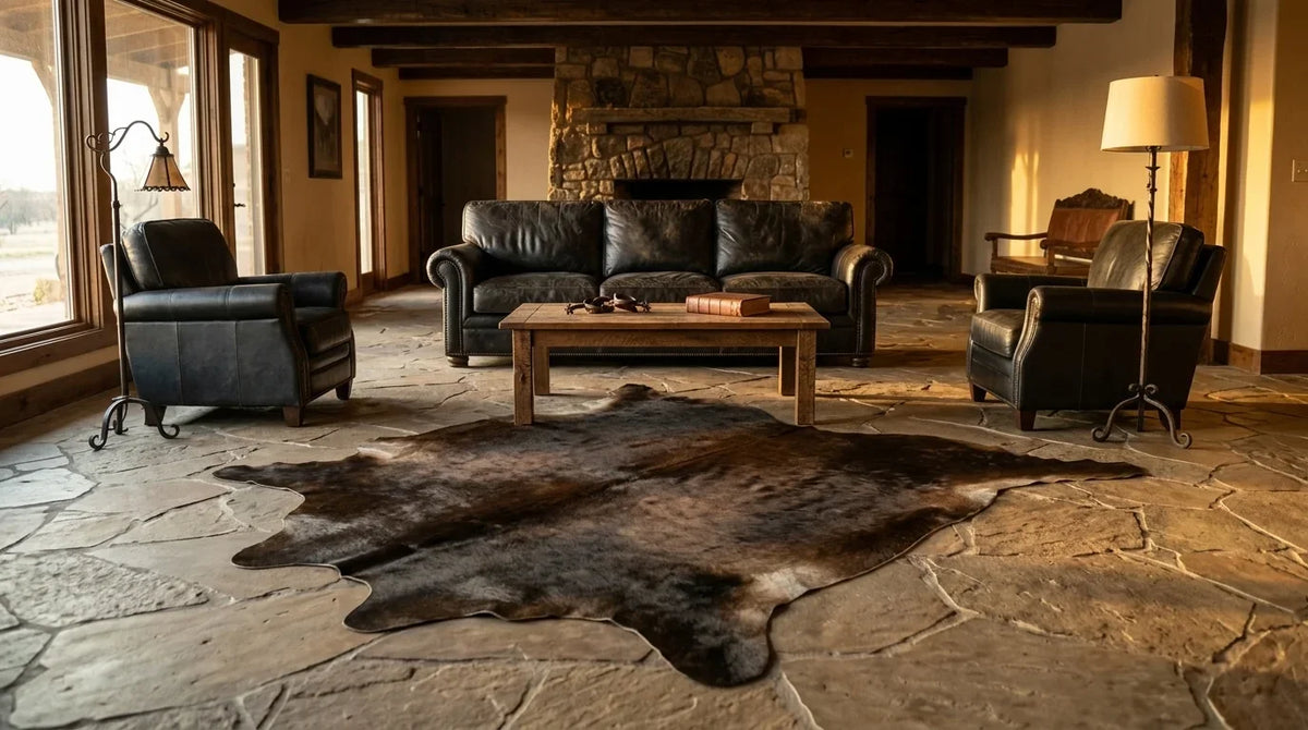 Black and White cowhide rug on hardwood floor in texas ranch living room