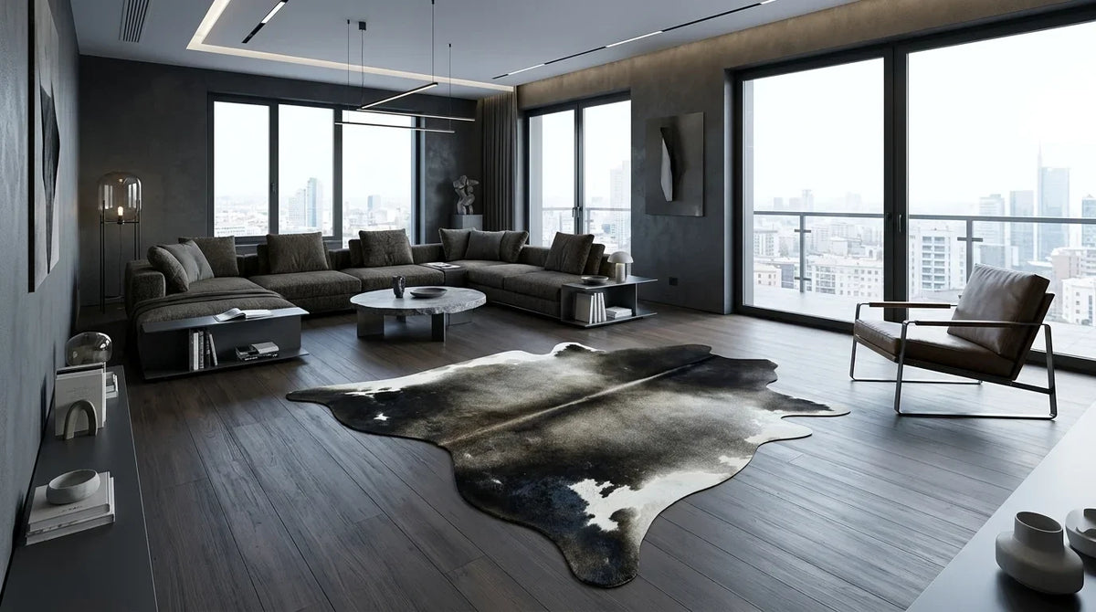Black and White cowhide rug on hardwood floor in milano penthouse living room