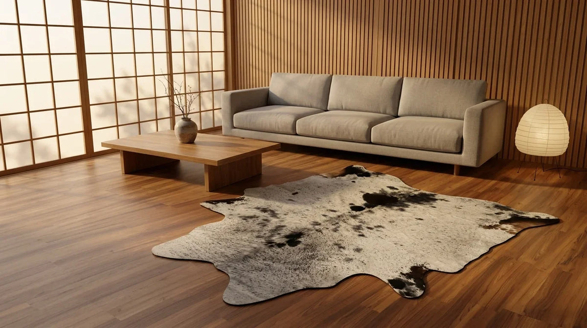 Black and White cowhide rug on hardwood floor in tokyo minimal living room