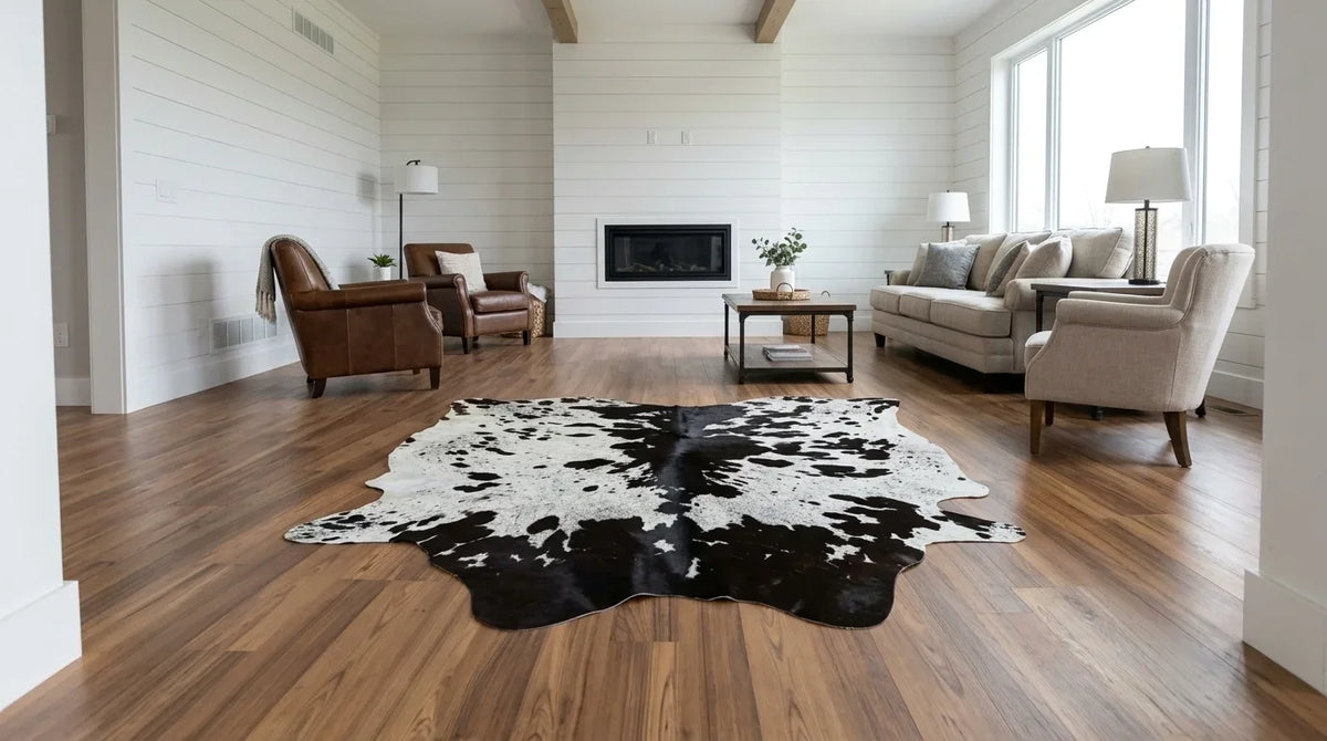 Black and White cowhide rug on hardwood floor in modern farmhouse living room