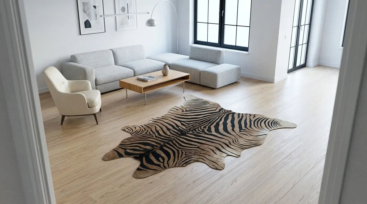 Black and White cowhide rug on hardwood floor in contemporary european living room