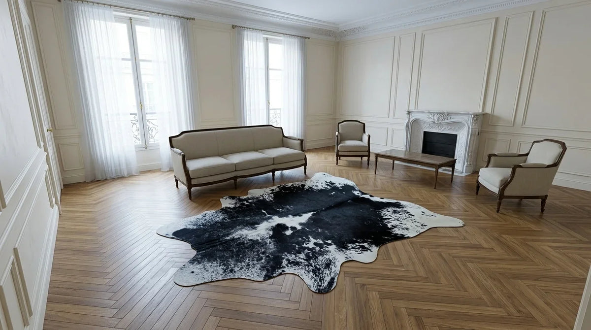 Black and White cowhide rug on hardwood floor in parisian artdeco living room