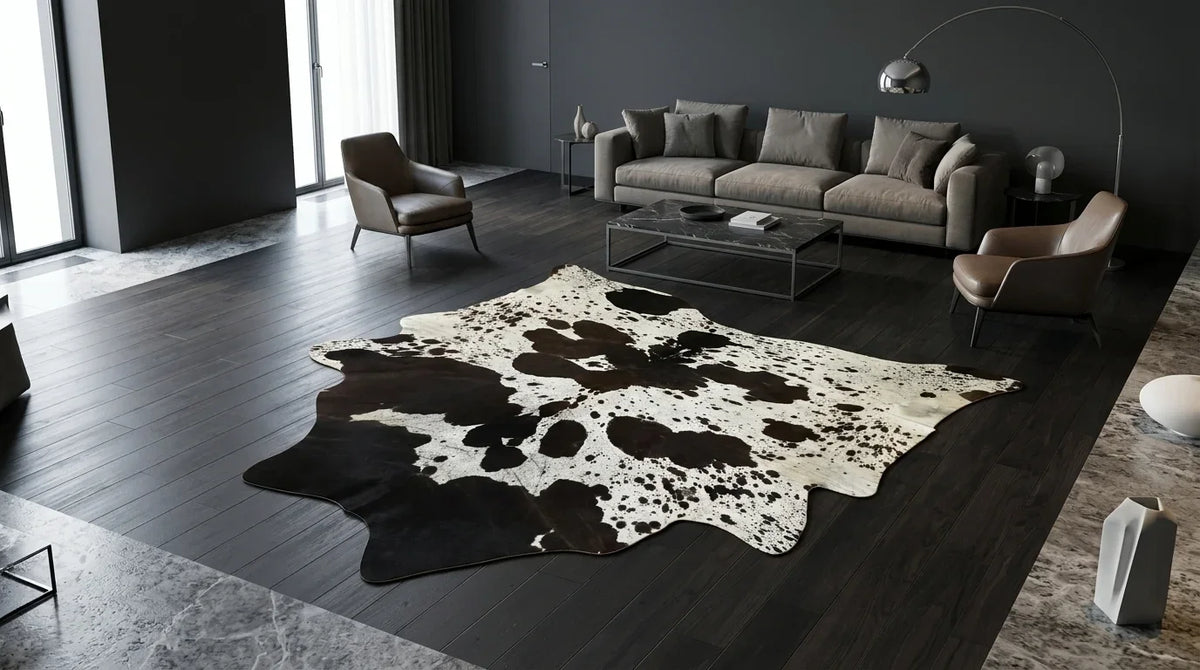 Black and White cowhide rug on hardwood floor in milano penthouse living room