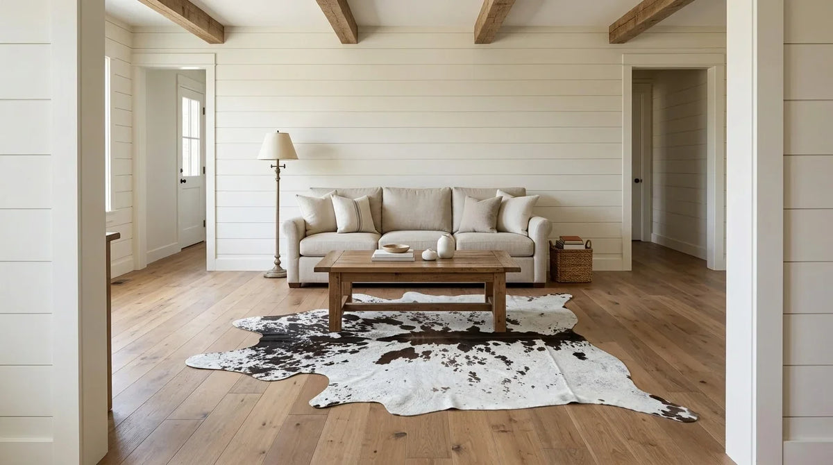 Black and White cowhide rug on hardwood floor in modern farmhouse living room