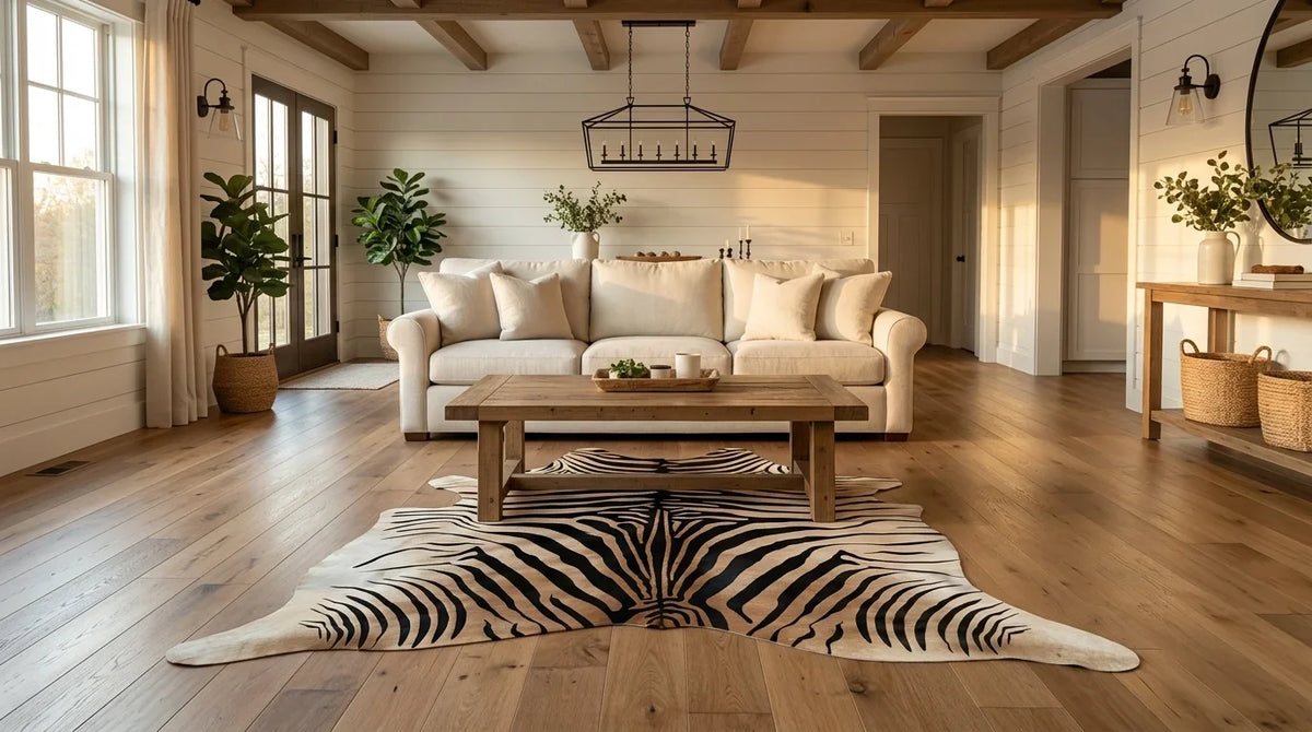 Black and White cowhide rug on hardwood floor in modern farmhouse living room