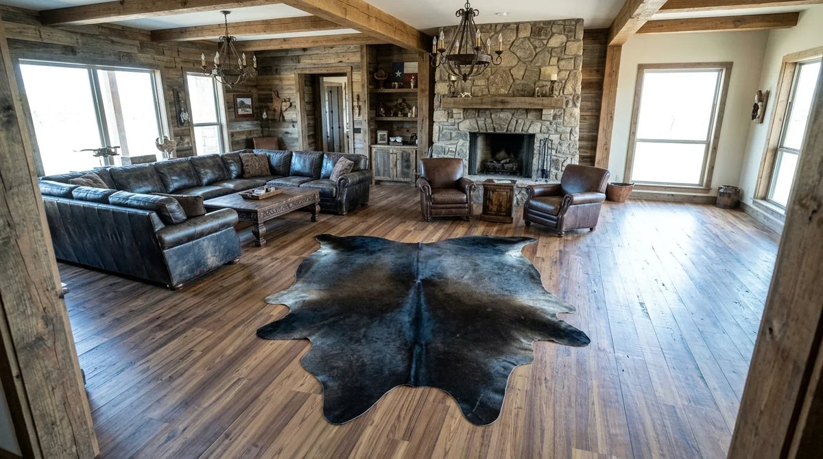 Black and White cowhide rug on hardwood floor in texas ranch living room