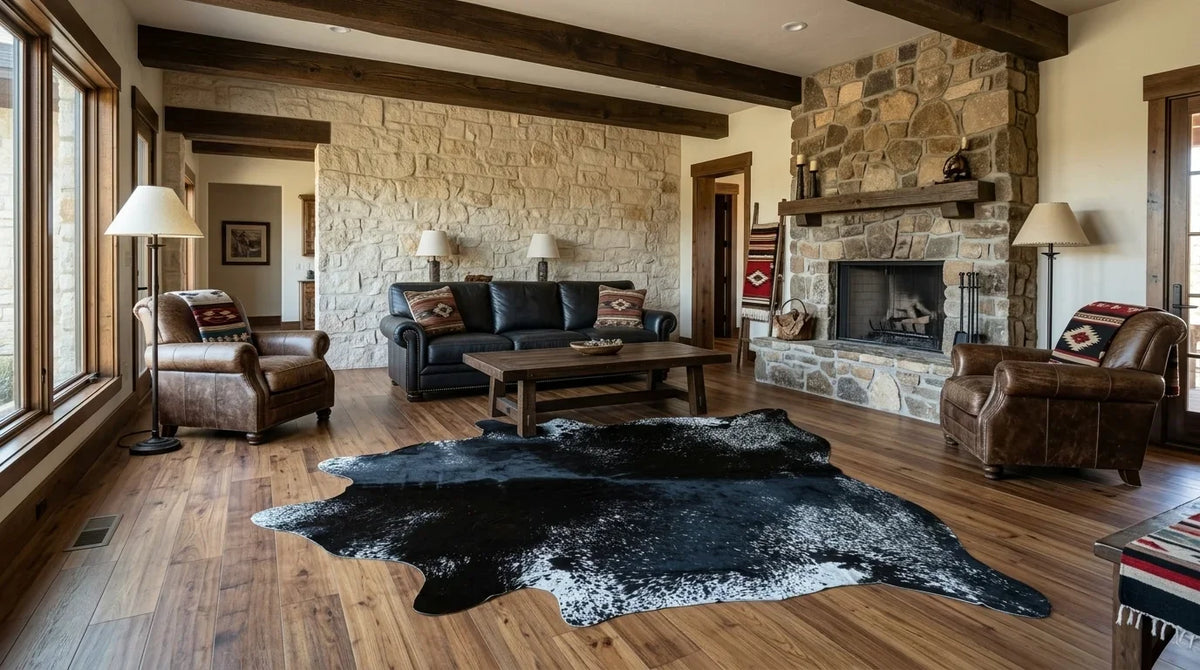 Kuhfell in Grau mit Salt-and-Pepper-Muster im Wohnzimmer im texanischen Ranchstil