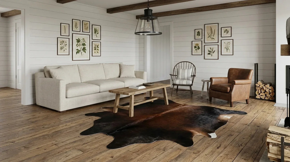 Black and White cowhide rug on hardwood floor in modern farmhouse living room